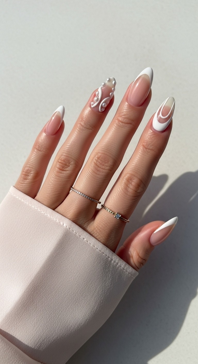 Almond-shaped nails with 3D sculpted white French tips on a nude base, featuring raised gel textures and subtle embellishments, styled with a gold ring and soft chiffon sleeve.