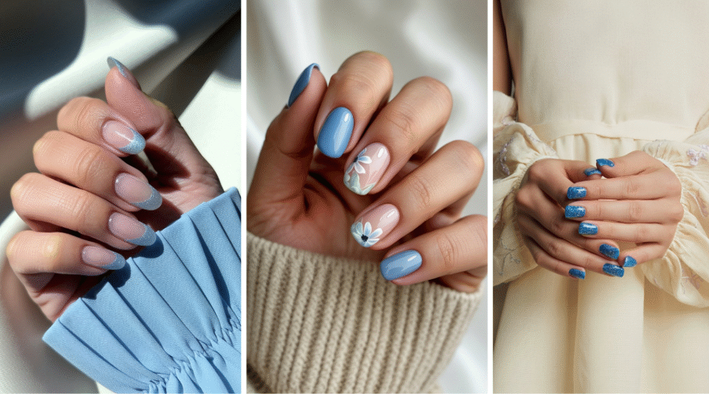 Three stylish blue French tip nail designs featuring different shades of blue and trendy nail art styles