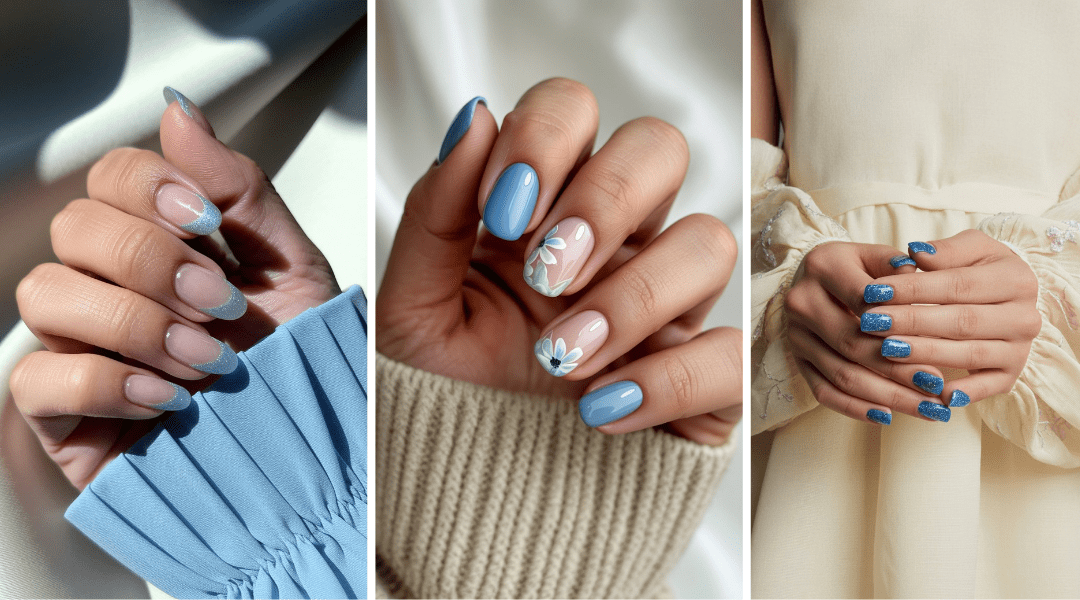 Three stylish blue French tip nail designs featuring different shades of blue and trendy nail art styles
