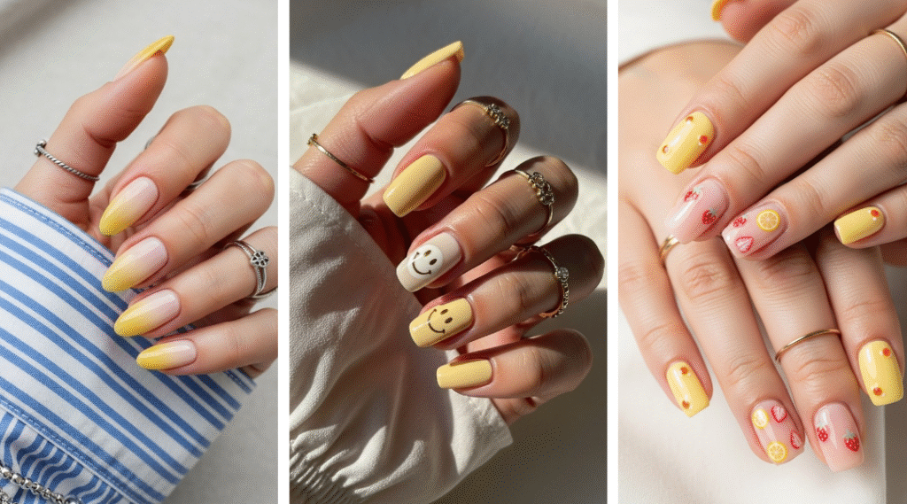 three different butter yellow nail designs: a soft yellow gradient with a silver ring, pastel yellow nails with gold rings and smiley faces, and clear nails decorated with colorful fruit art and yellow dots.