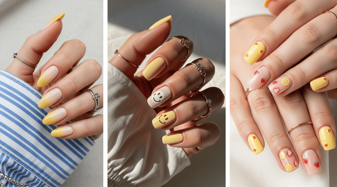 three different butter yellow nail designs: a soft yellow gradient with a silver ring, pastel yellow nails with gold rings and smiley faces, and clear nails decorated with colorful fruit art and yellow dots.