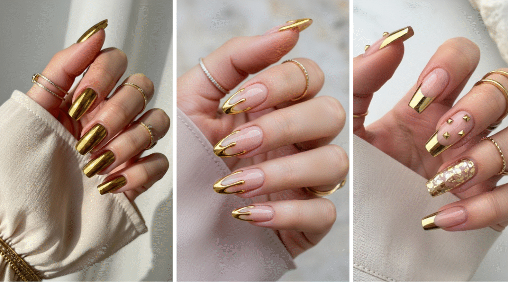 Three hands with straight fingers showcasing different gold nail designs, all nails clear and in focus.