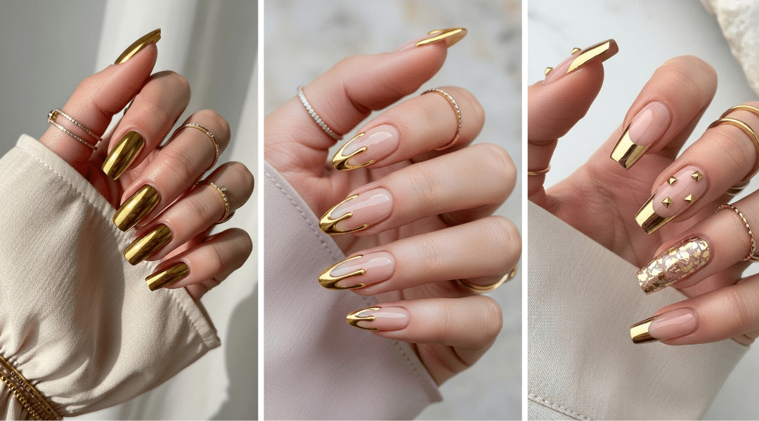 Three hands with straight fingers showcasing different gold nail designs, all nails clear and in focus.