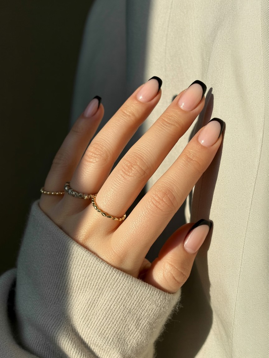 Natural hand with thick black French tip nails, framed by a light-colored sleeve and accessorized with dainty rings.