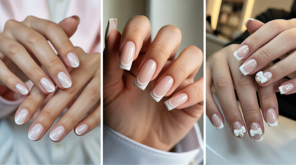 Three stylish white French tip nail designs displayed side by side, showcasing variations in nail shape, length, and accent details.