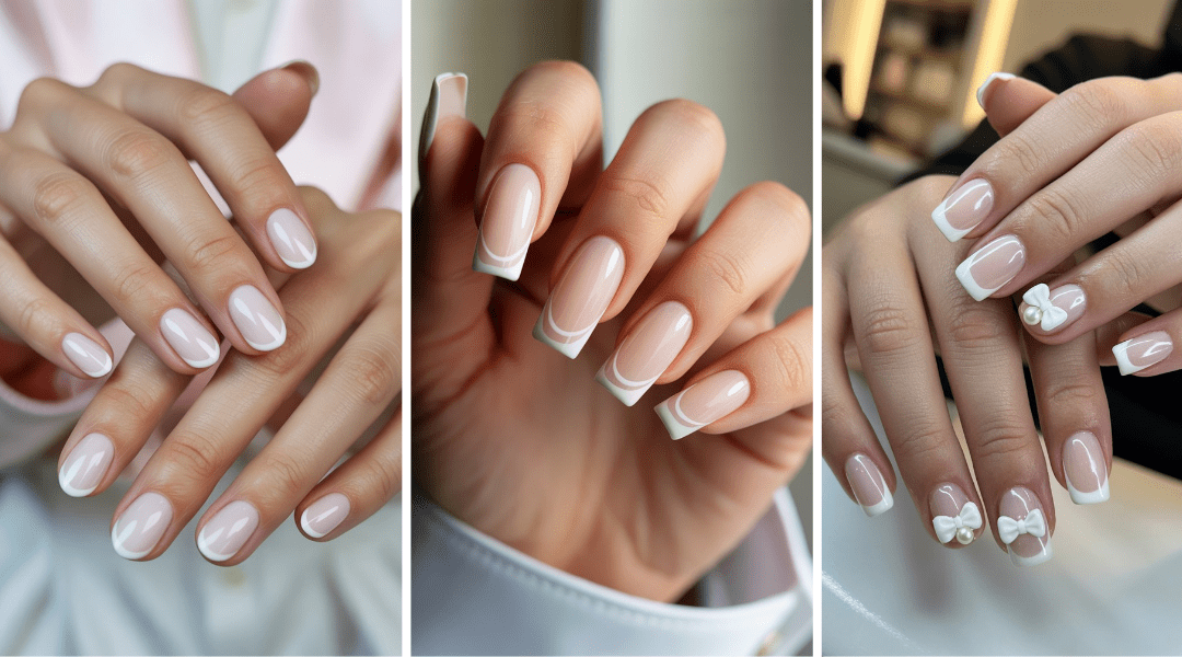 Three stylish white French tip nail designs displayed side by side, showcasing variations in nail shape, length, and accent details.