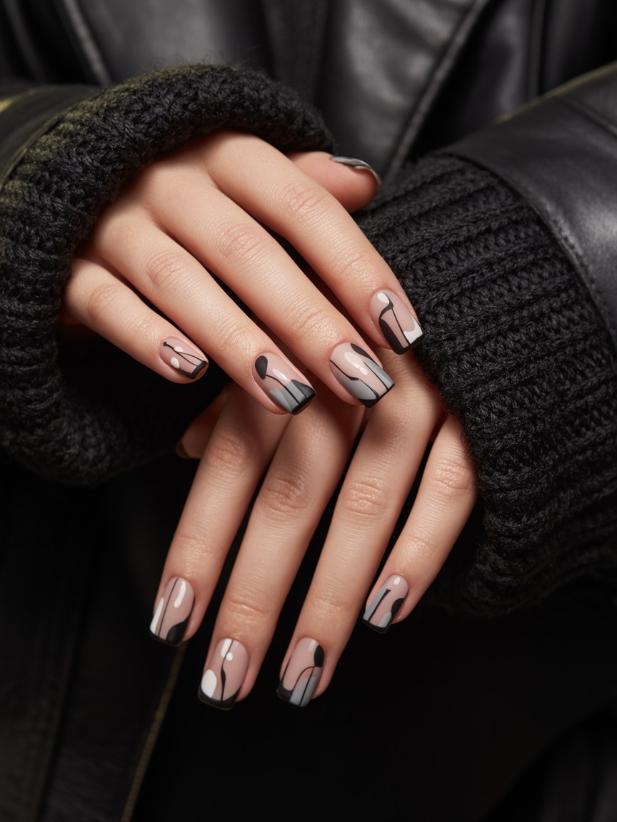 Close-up of abstract black French tip nails with geometric designs, matte and glossy finishes, against black leather and knitwear sleeves.