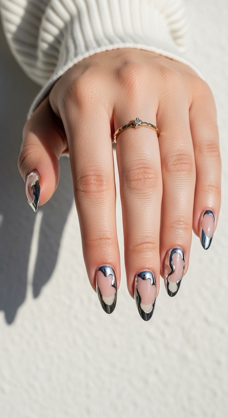 A hand with abstract chrome French tip nails featuring swirled and jagged silver accents on almond-shaped nude nails, photographed against a soft off-white background.