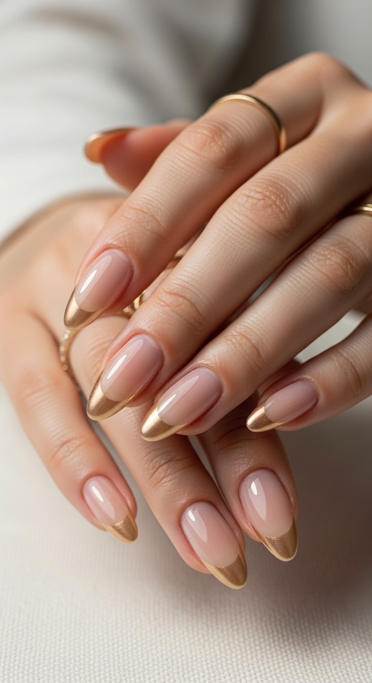 Close-up of almond-shaped nails with warm beige pearl chrome French tips and a sheer neutral base on a relaxed hand.