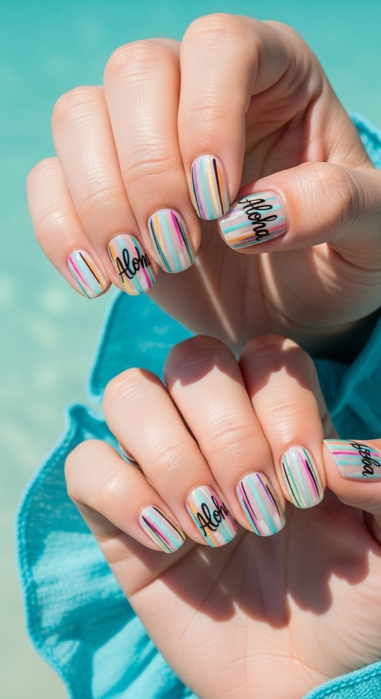hands with striped tropical nails and hand-painted "Aloha" lettering in cursive, set against a softly blurred Hawaiian beach background with warm lighting and gold accents.