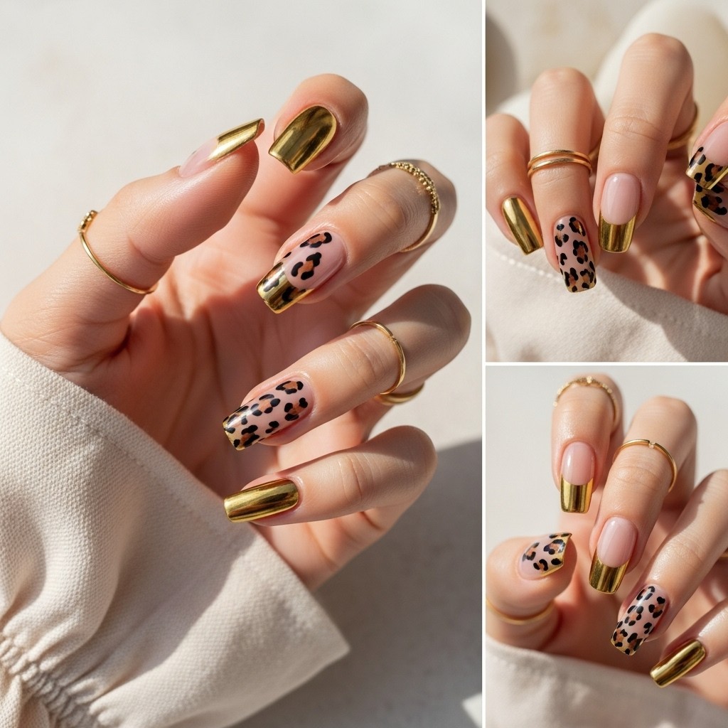 Close-up of hand with sleek fingers displaying animal print gold French tip nails with glossy leopard patterns on nude base.