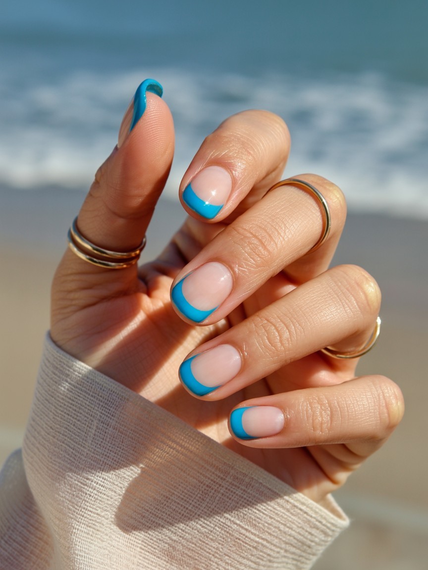Hand with glossy aqua blue French tips on sheer nude nails, adorned with delicate gold rings and linen sleeve, set against a blurred coastal-inspired background.

