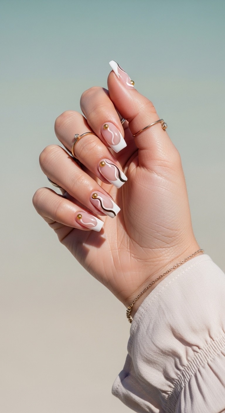 artistic French tip nails with golden pearls on a naturally posed hand, set against a soft Hawaiian-inspired background.