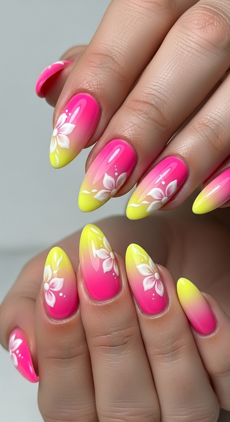 nails with a pink-to-yellow gradient and hand-painted white flowers, accented with silver stars, styled with a pastel sleeve and natural lighting.