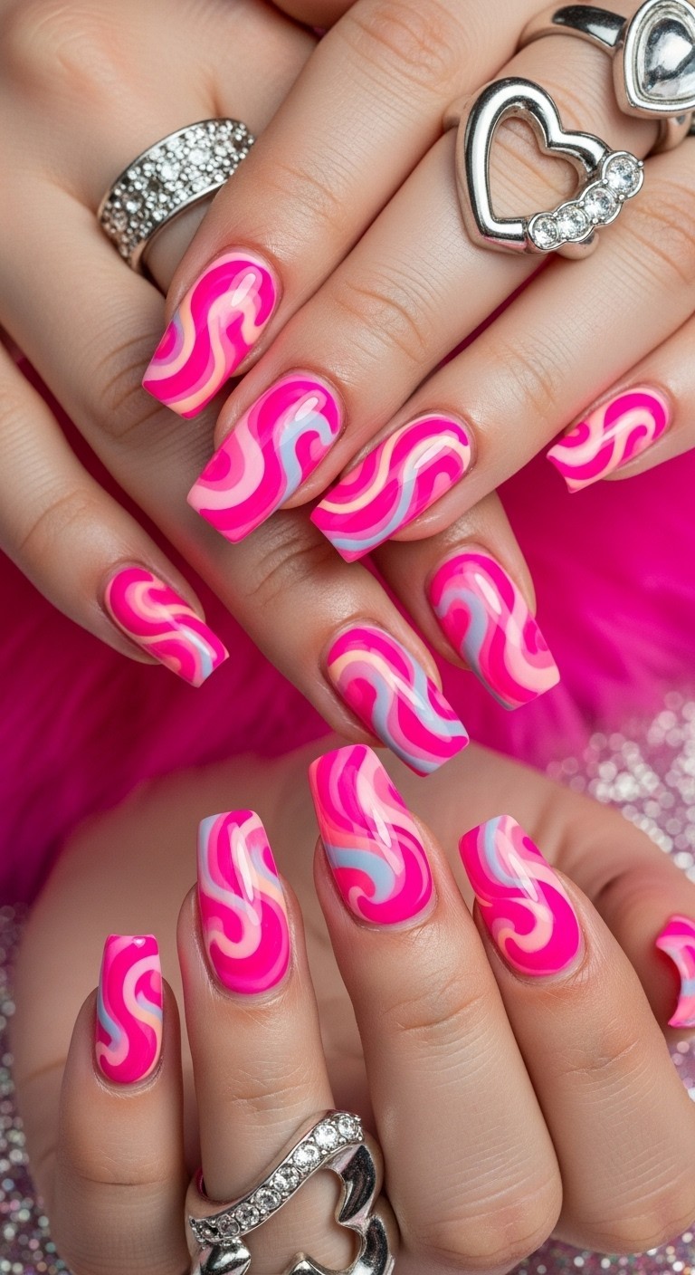 Barbie swirl nails in hot pink and bubblegum tones with glossy finish, styled with silver rings against a bright pink backdrop.
