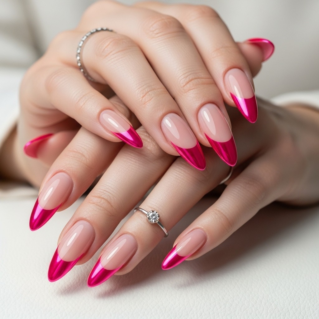Long almond nails with a nude base and hot pink chrome French tips on a naturally posed hand styled in Barbiecore fashion.