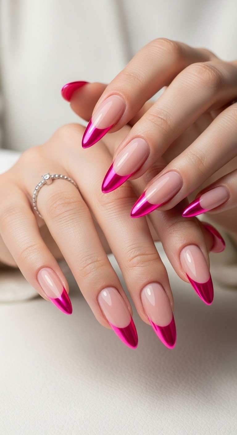 barbiecore hot pink chrome french tips