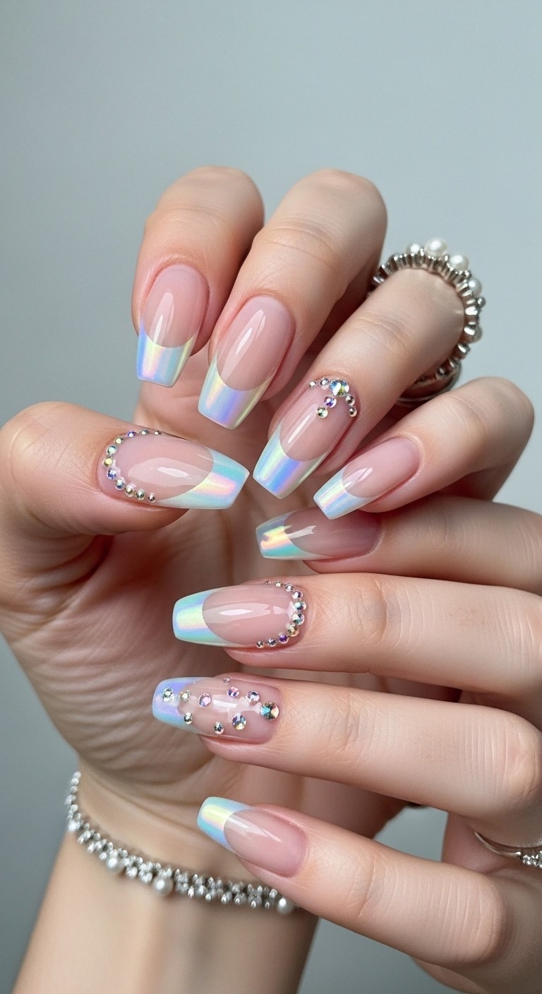 nails featuring sheer nude bases, opalescent iridescent French tips, and delicate rhinestone embellishments for a luxe, sparkling look
