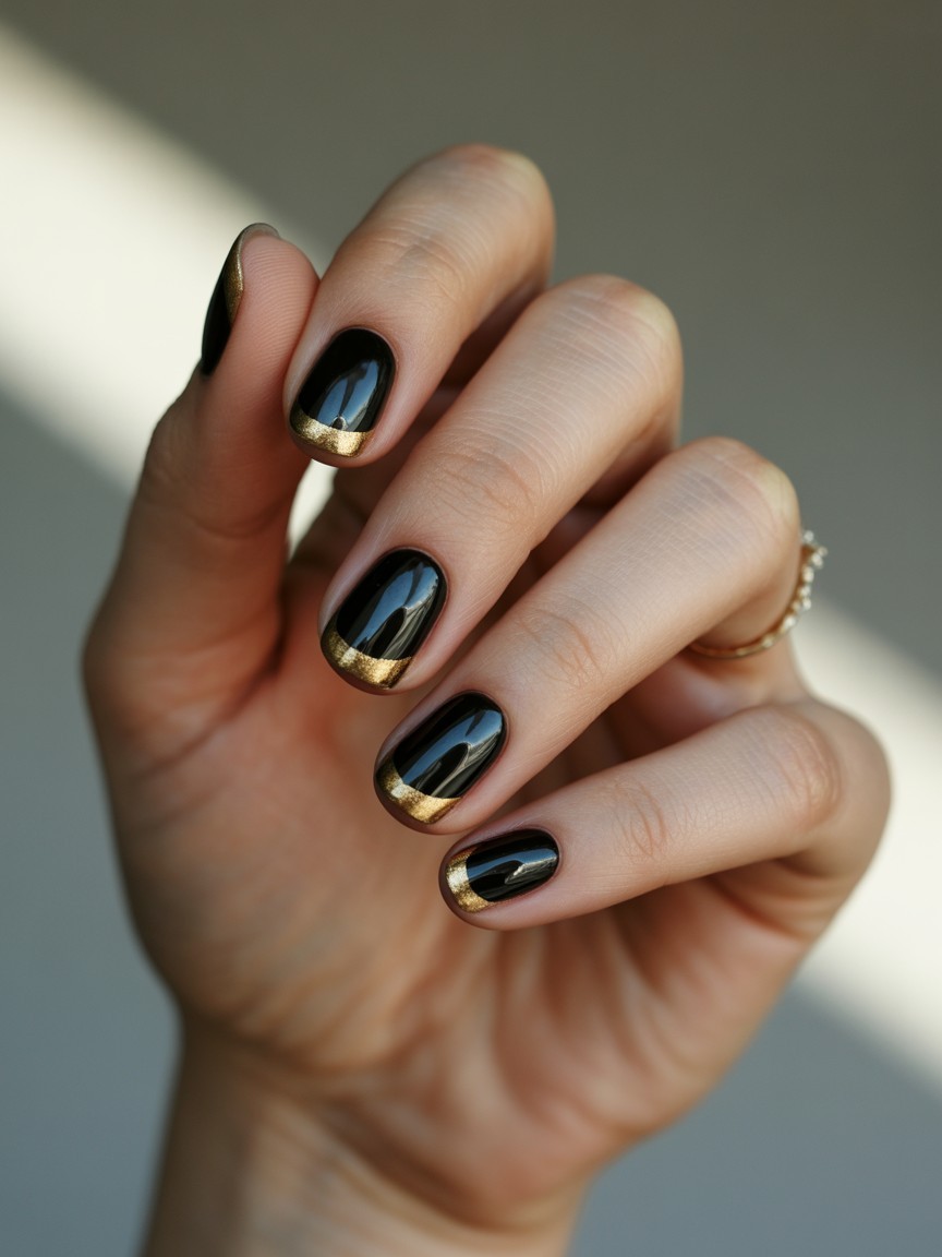 close-up of hand with glossy black nails and metallic gold tips.