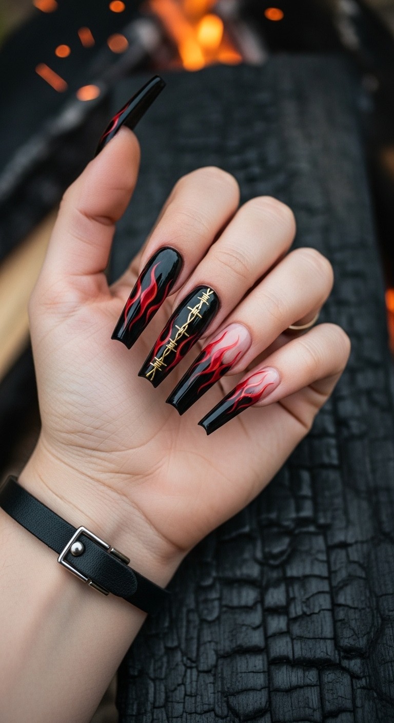 Stiletto nails with black French tips blending into painted flames and gold barbed wire accent, charred wood background