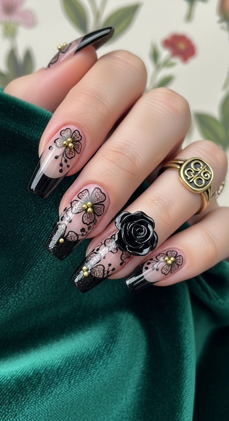 Almond nails with black French tips and lace floral designs, 3D rose charm on ring finger, emerald velvet background