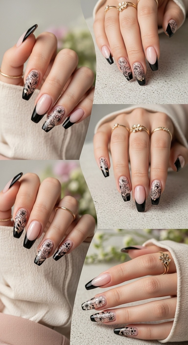 Almond-shaped nails with black French tips and delicate black floral designs over a nude base, styled with gold rings and a light beige chiffon sleeve on a soft fabric background.

