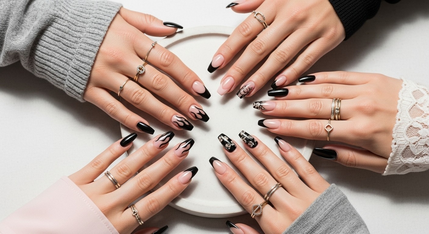 five hands with different black French tip nail designs, including flames, chrome, florals, and gold-accented tips, styled with minimal rings and soft neutral background