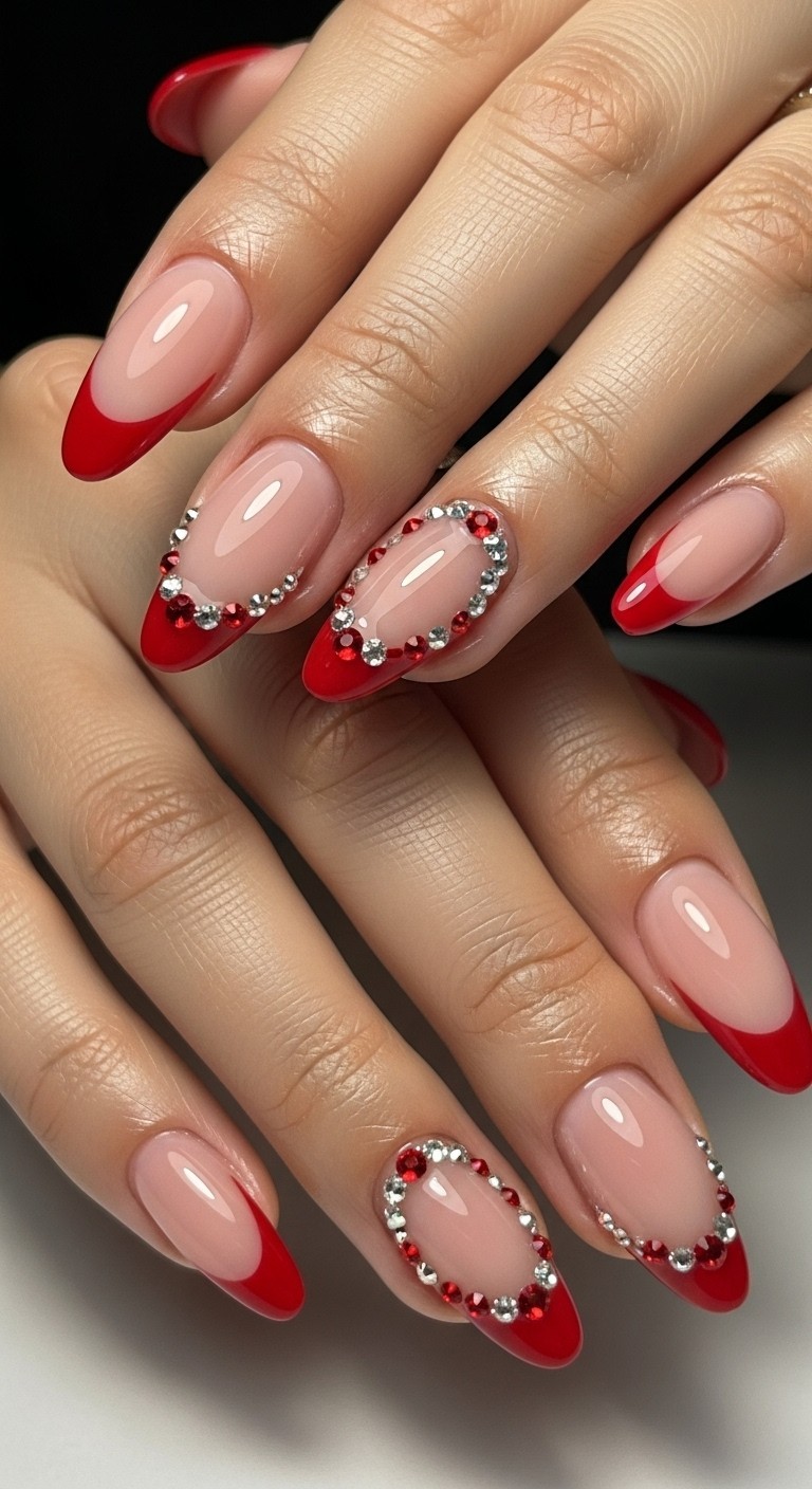 fingers showing medium-length nails with nude base and sparkling rhinestone accents near the red French tips.