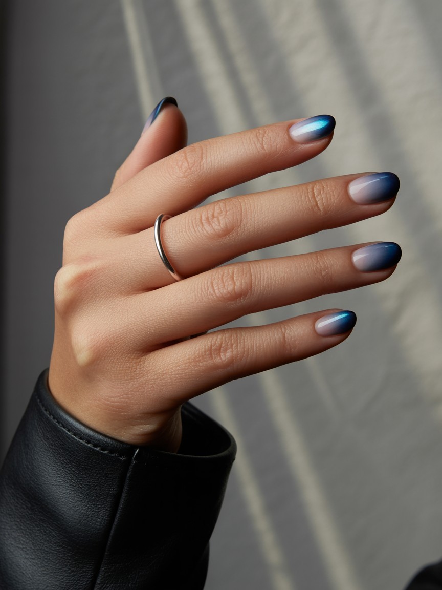 Side view of a hand with blue chrome French fade nails holding a metallic accessory, against a soft grey stone background with black leather sleeve.


