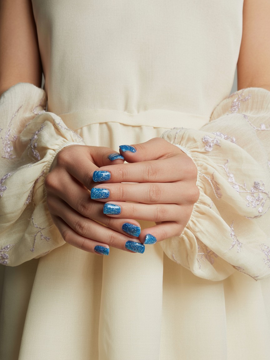 Palm view of hand with sparkling blue glitter dip French manicure, framed by a pastel summer dress sleeve against a soft white fabric background.