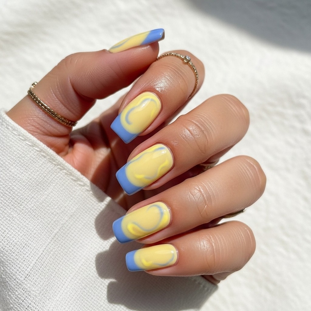 Glossy butter yellow nails with blueberry blue tips and lemon yellow swirls on a natural hand, soft daylight and textured off-white background.