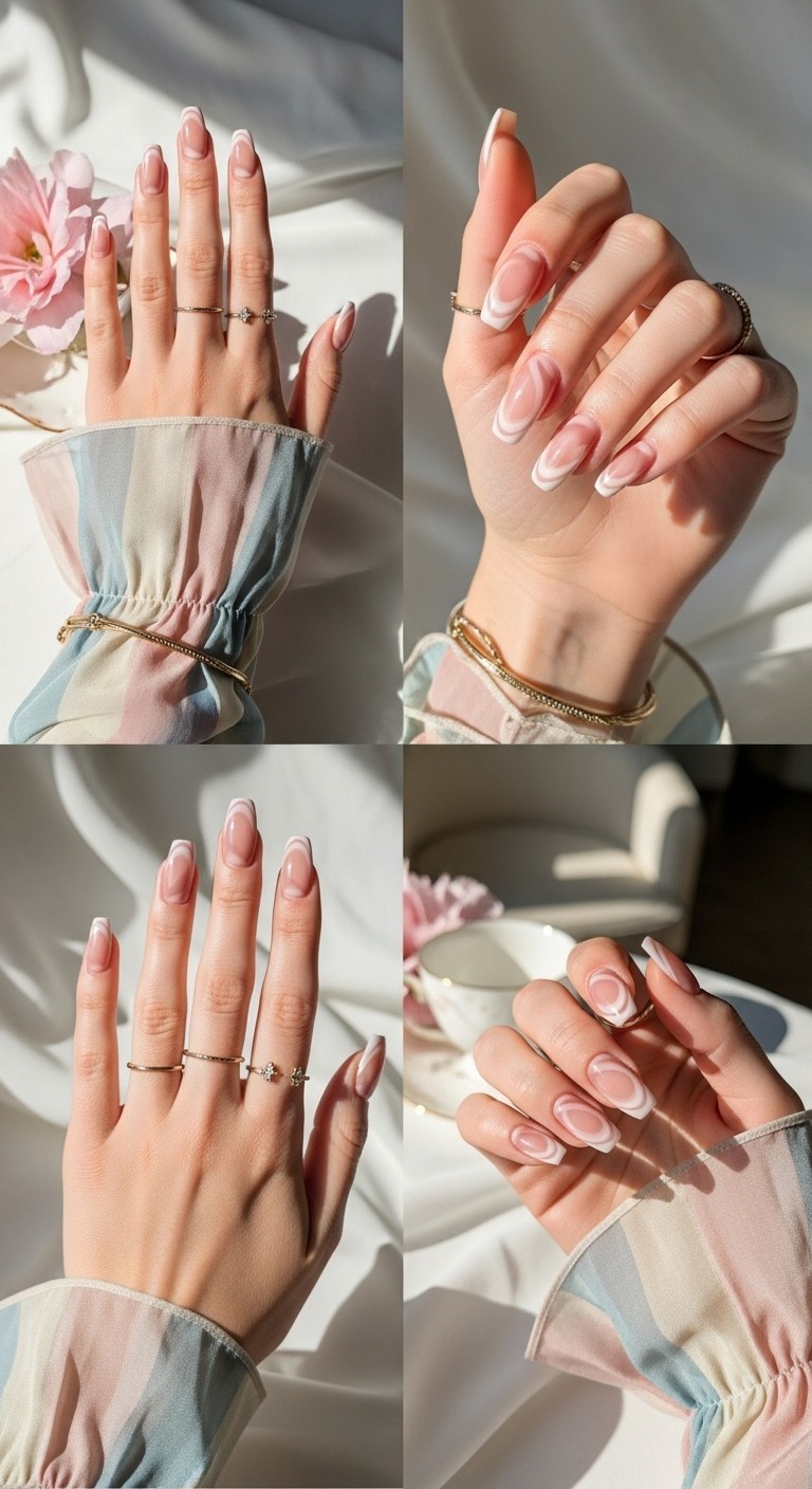 Blush nude swirl French tip nails on a natural hand with gold rings and a thin bracelet, photographed from multiple angles against a soft off-white fabric background with a pale pink flower and salon setting.