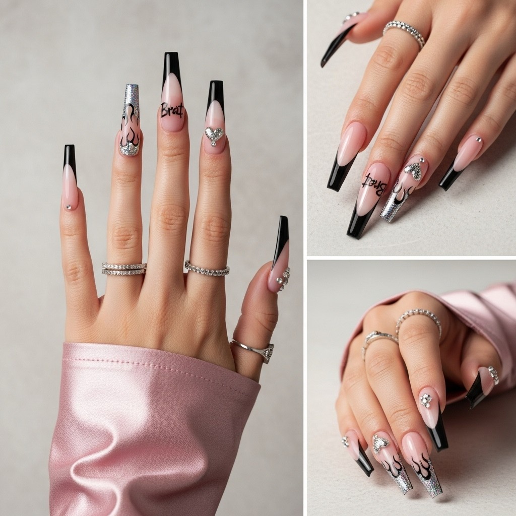 Extra-long stiletto nails with bold black French tips and brat-inspired Y2K accents like rhinestones and glitter decals, styled with silver rings and a pastel pink satin sleeve on a soft blush background.

