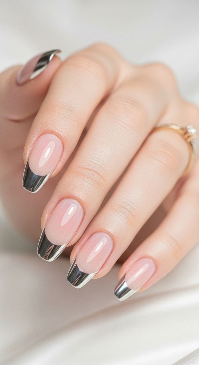 Close-up of a hand with sheer blush base and silver chrome French tips, styled with a delicate wedding-inspired look.