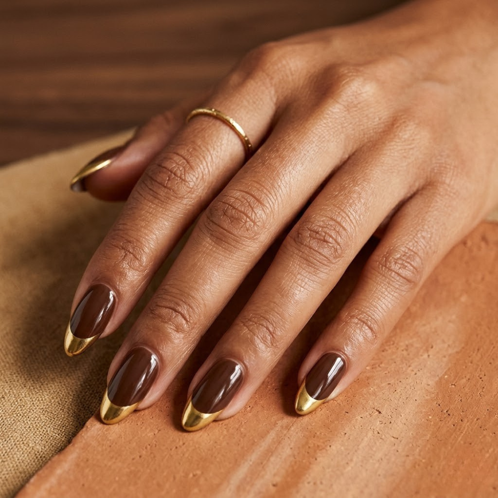 Almond-shaped brown nails with glossy mocha base and metallic gold French tips on a warm-toned surface