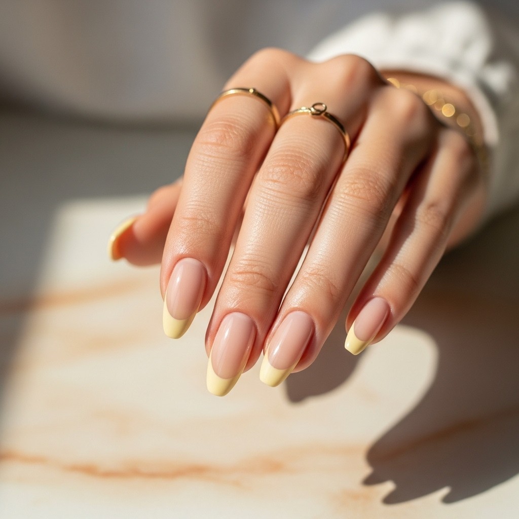 Hand with almond-shaped nails featuring butter-yellow chrome French tips and a soft nude base, captured in natural light.