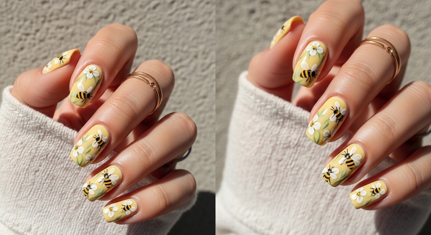 hand with straight fingers showing glossy butter yellow nails decorated with delicate bees and tiny white flowers, accessorized with thin gold rings and a pale yellow sleeve.