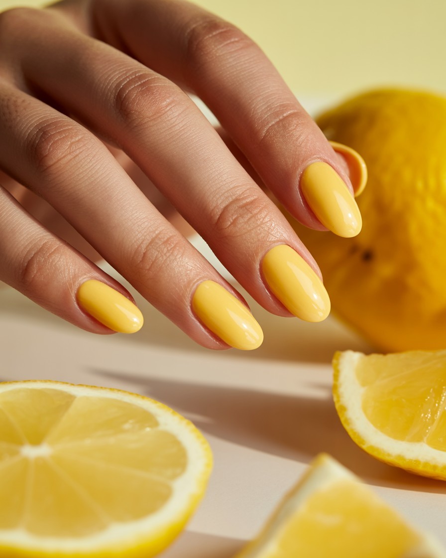 Glossy almond-shaped nails painted in soft butter yellow polish, perfect for summer.
