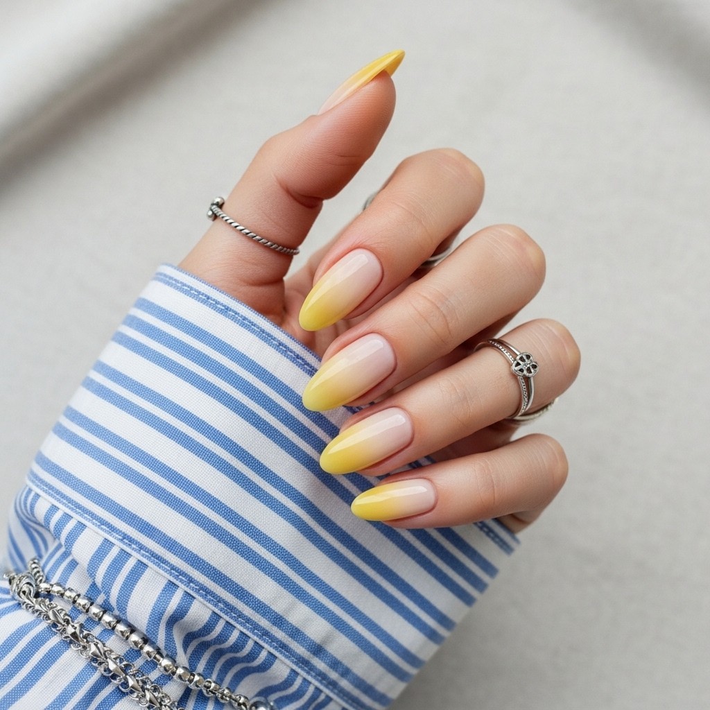 Almond-shaped butter yellow gradient nails fading from pastel to golden tips, styled with a striped button-up sleeve and soft linen background.