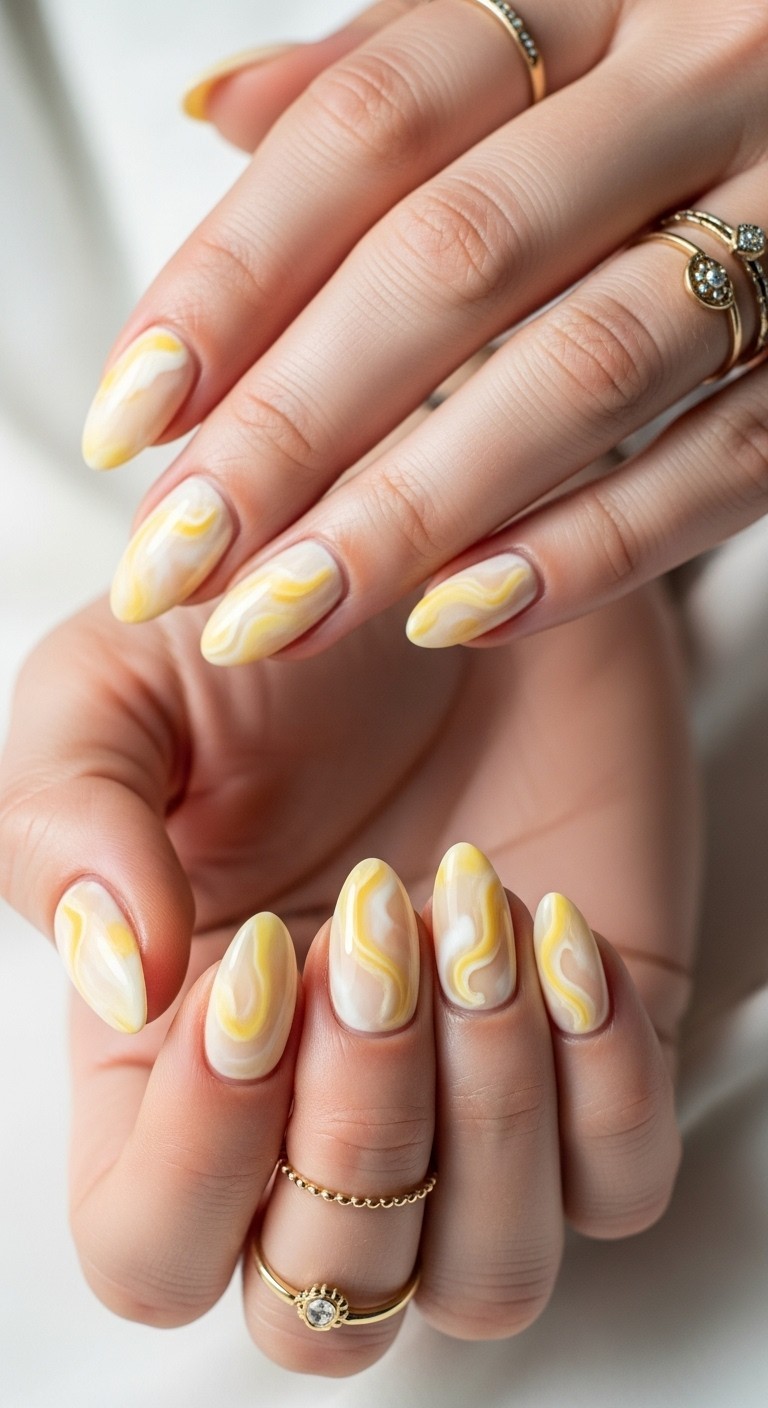 Glossy butter yellow marble cake nails with creamy white swirls on almond-shaped nails, styled with delicate gold rings.