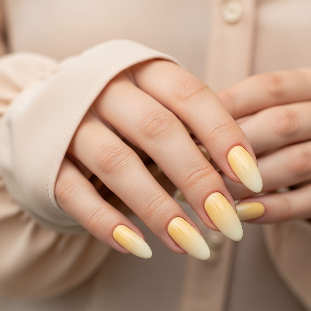 Almond-shaped butter yellow ombre nails fading into cream, shown on a relaxed hand with soft lighting and gold rings over a neutral linen background.