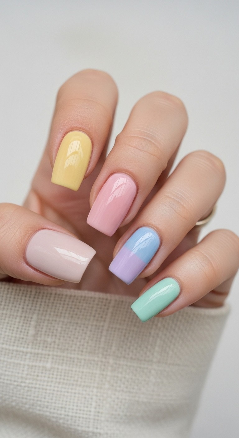 Pastel skittle nails with butter yellow, pink, lilac, blue, and mint on a bare hand resting on a soft linen background.