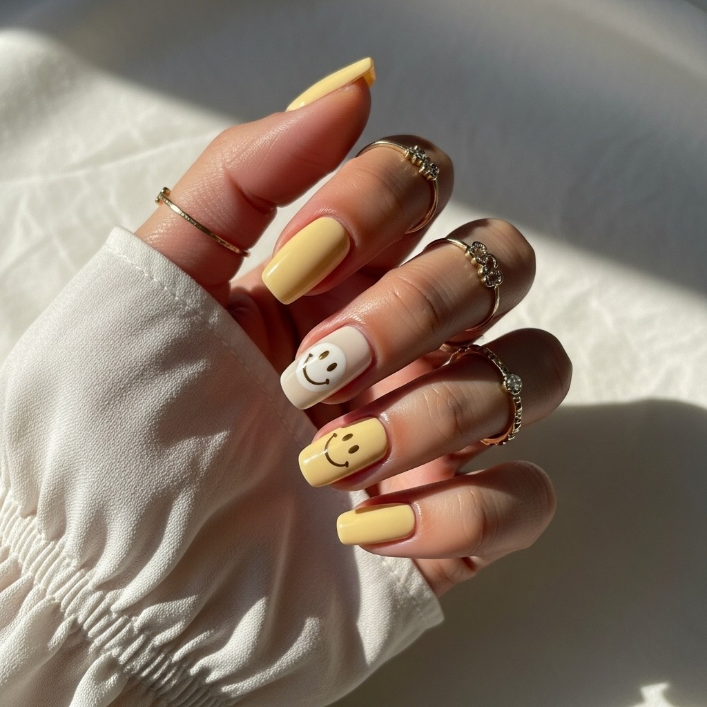 Pastel butter yellow nails with light white and gold smiley face accents, styled with gold rings and an ivory blouse sleeve on a soft fabric background.