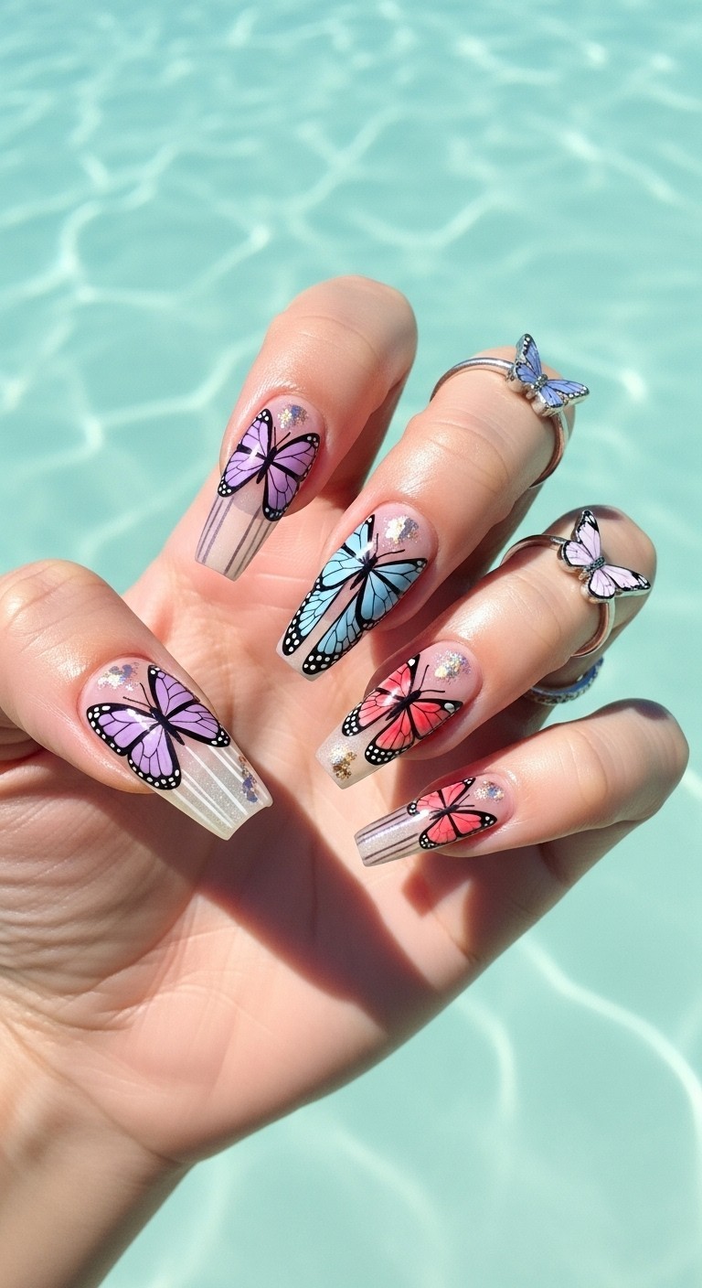 Coffin-shaped nails with nude glossy base and pastel butterfly wing designs, accented with gold foil and styled with delicate rings on a soft natural background.