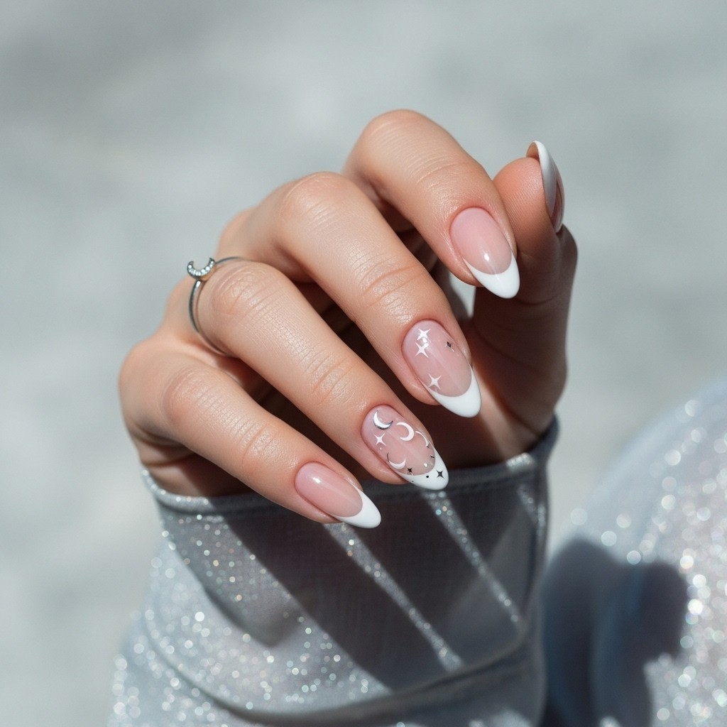 Almond-shaped white French tip nails with a nude base, featuring delicate celestial accents like stars and moons on selected fingers, styled with a silver chiffon sleeve and soft lighting.