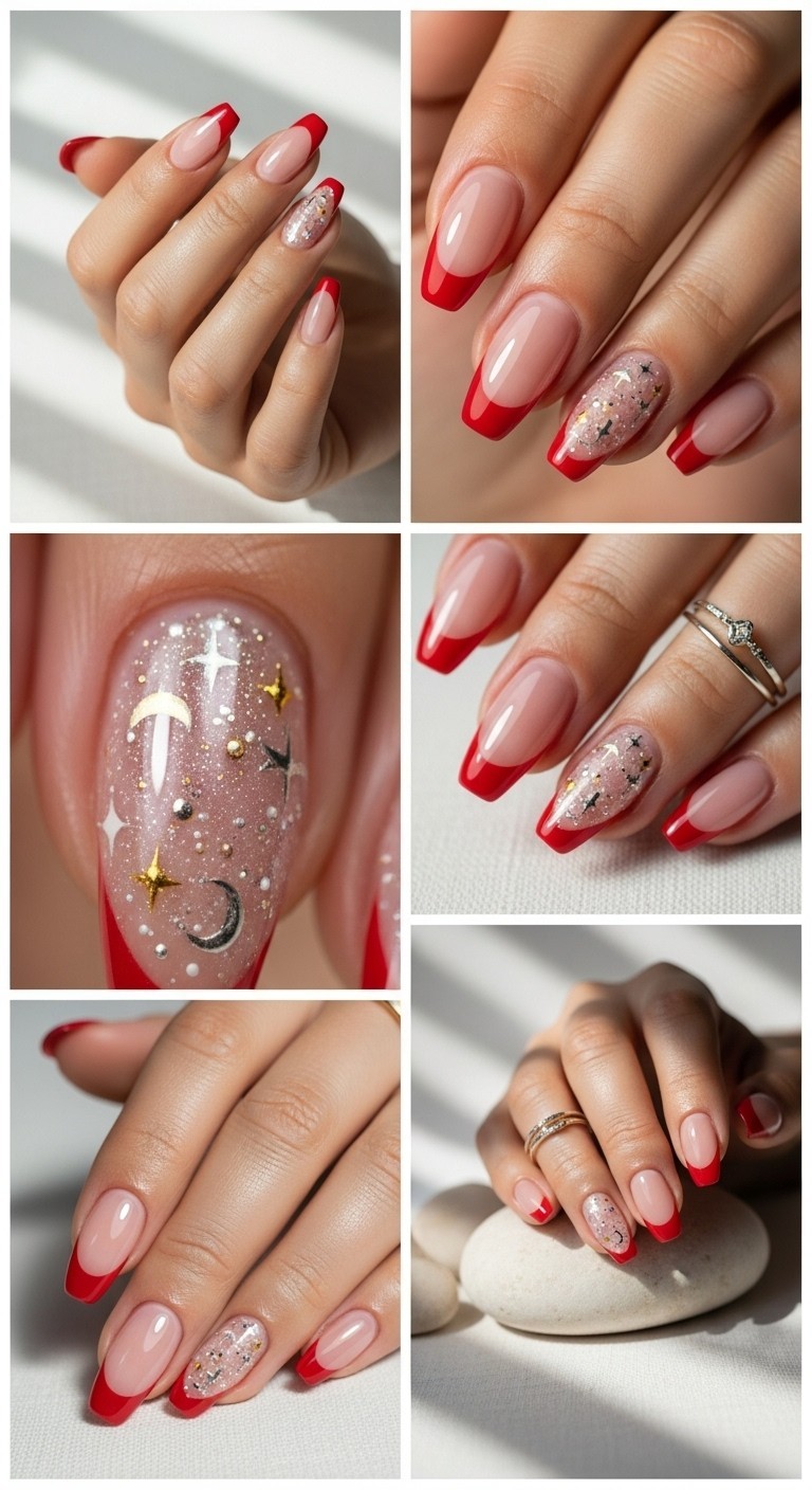 Collage of a single hand with medium-length almond-shaped nails featuring classic red French tips on a nude base, showcasing delicate white, gold, and silver star and moon motifs, shimmering dots, and minimal gold jewelry from multiple angles and close-ups on a neutral off-white background.