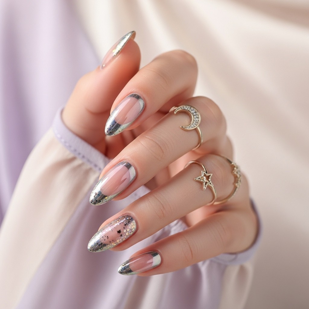 Almond-shaped nails with nude bases and shimmering chrome French tips, featuring celestial-inspired iridescence and tiny glitter details, styled with a pastel sleeve and star-themed ring.