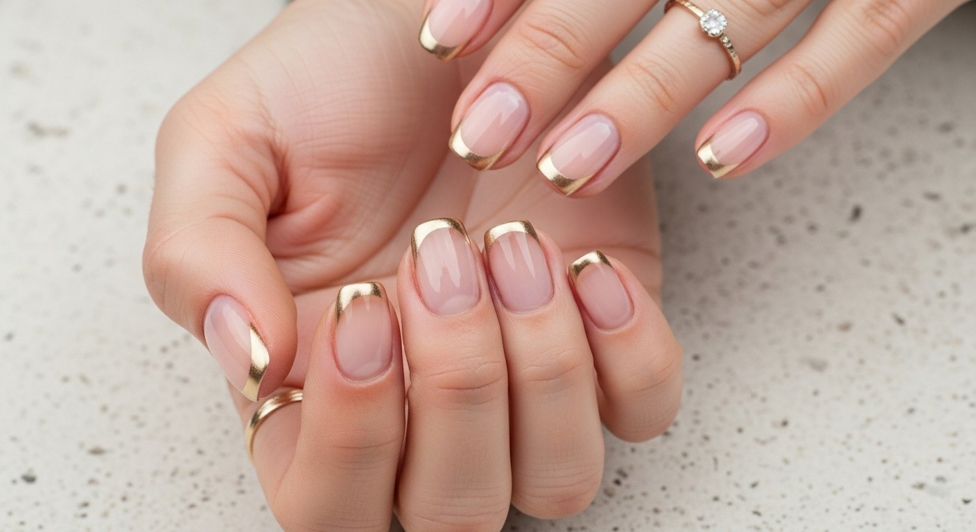 Short nails with sheer base and champagne gold chrome French tips on a naturally posed hand.
