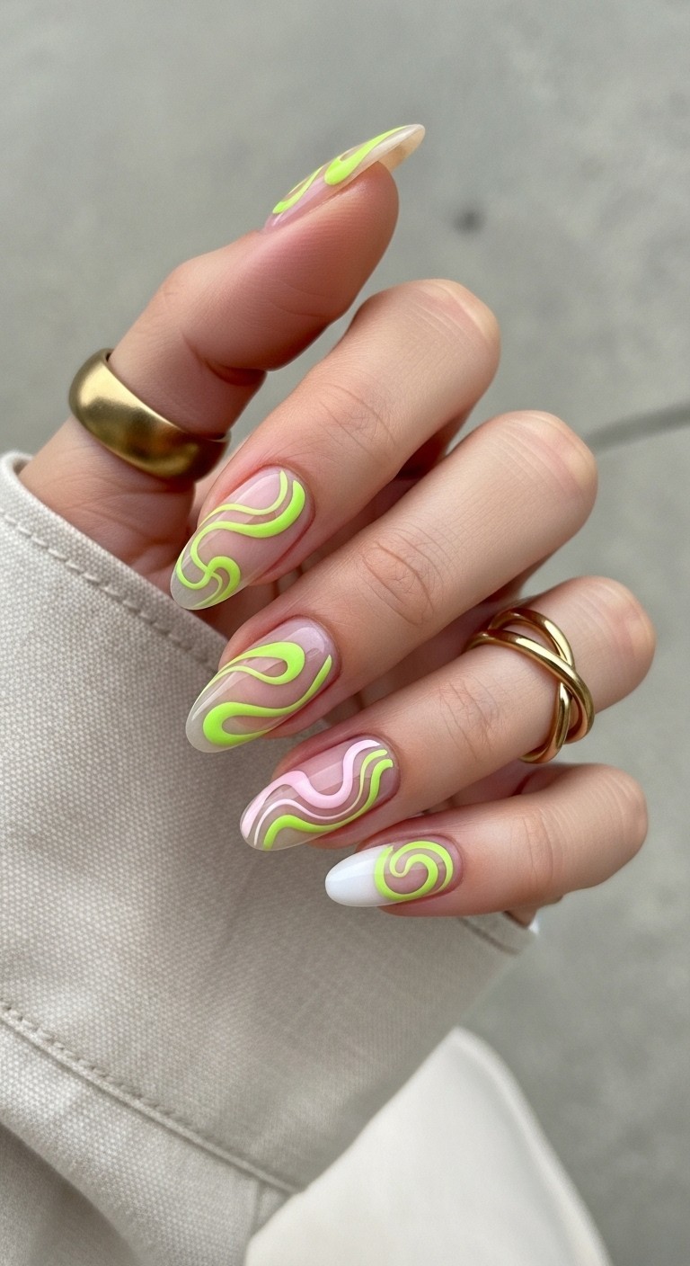 hand with mismatched chartreuse swirl nails on neutral-toned bases, featuring abstract swirl variations and styled with minimalist rings on a soft beige backdrop.