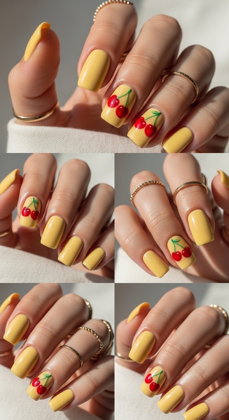 Glossy butter yellow nails with bright cherry red accent details, soft lighting, neutral fabric background.